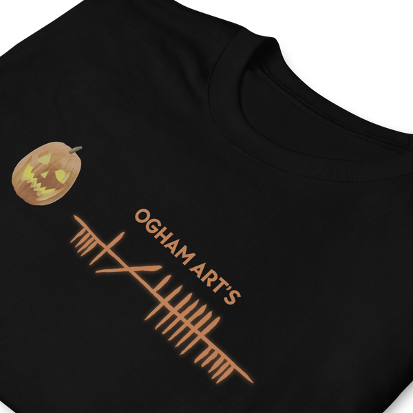 Ogham Art's Samhain T-Shirt black folded and zoomed