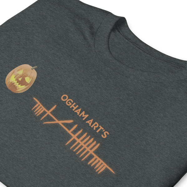 Ogham Art's Samhain T-Shirt dark heather folded and zoomed