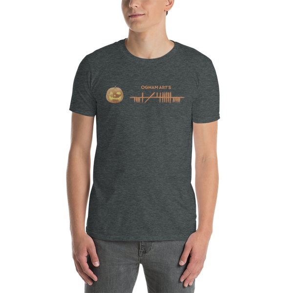 Ogham Art's Samhain T-Shirt dark heather on white male