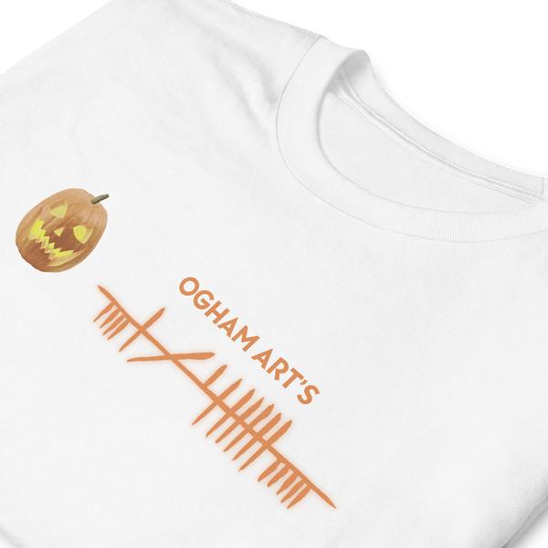 Ogham Art's Samhain T-Shirt white folded and zoomed