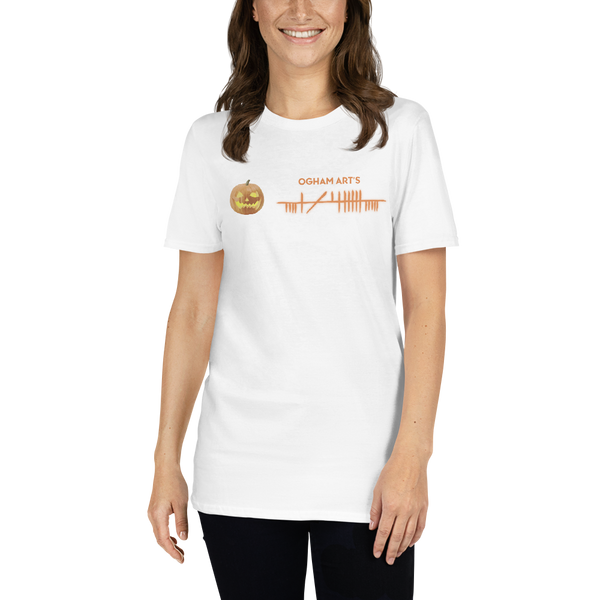 Ogham Art's Samhain T-Shirt white on white female
