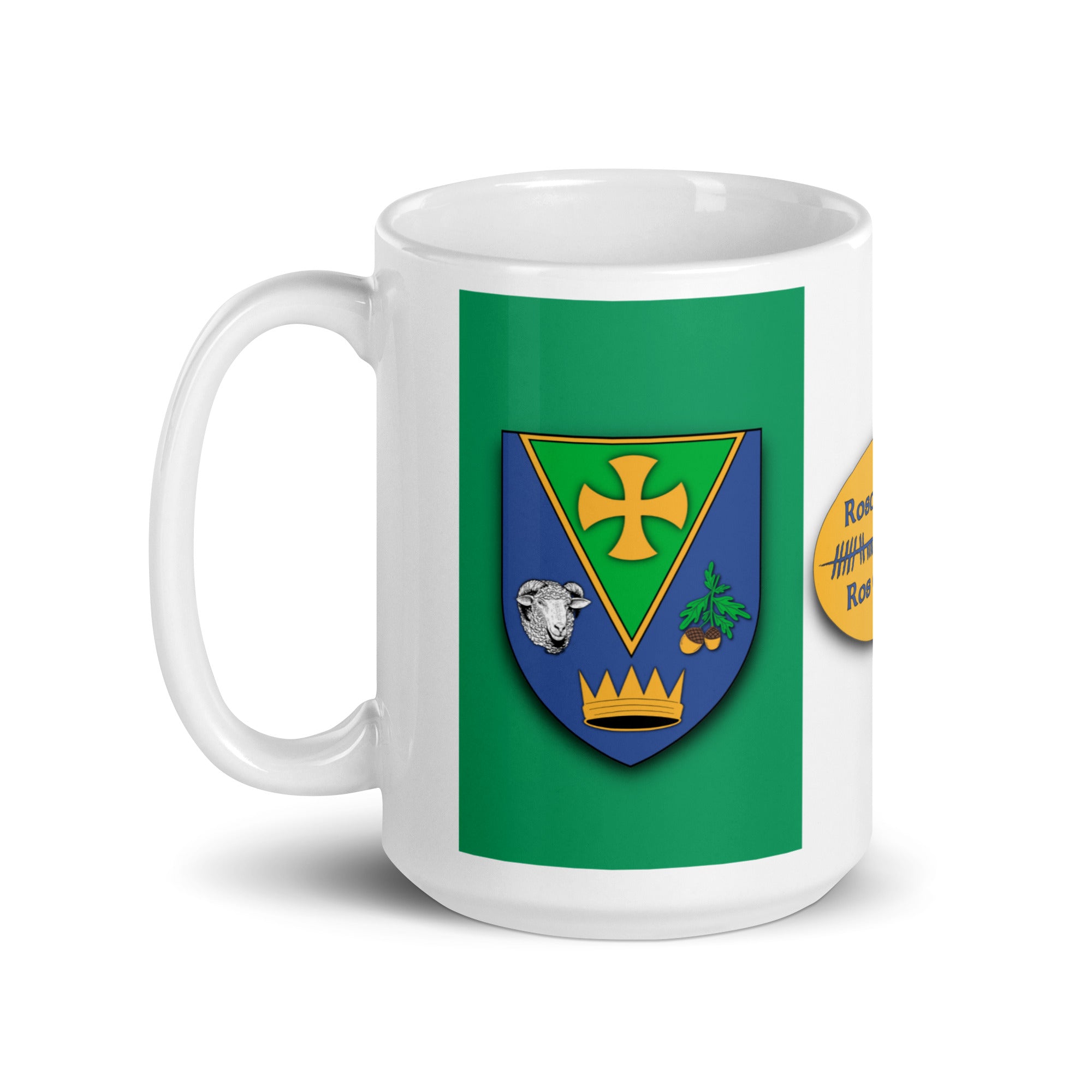 County Roscommon Ireland Coffee Tea Mug With Roscommon Coat of Arms and Ogham