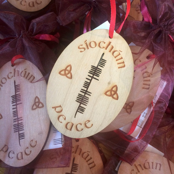 Ogham Art Peace Síocháin Cherry Wood Christmas Ornament